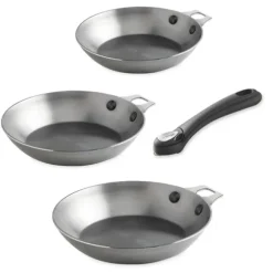 Lot 3 poêles acier Minéral B 20, 24 et 28 cm et manche amovible De Buyer