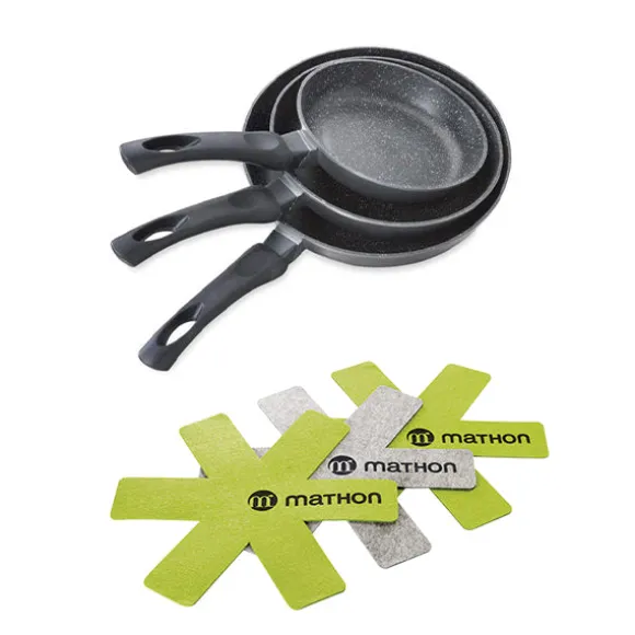 Lot 3 poêles anti-adhérentes Dur comme la pierre 20, 24 et 28 cm et 3 feutrines Mathon