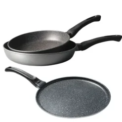 Lot 2 poêles 24 et 28 cm et 1 crêpière 26 cm revêtement Dur comme la pierre Mathon
