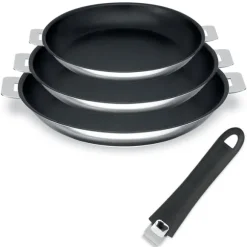 Lot 3 poêles inox antiadhérentes Mutine 20, 24 et 26 cm et manche amovible Cristel Cristel