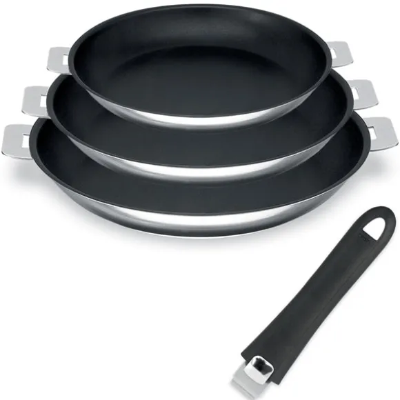 Lot 3 poêles inox antiadhérentes Mutine 20, 24 et 26 cm et manche amovible Cristel Cristel