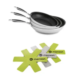 Lot 3 poêles inox antiadhérentes Excell'Inox 20, 24 et 28 cm et 3 feutrines Mathon