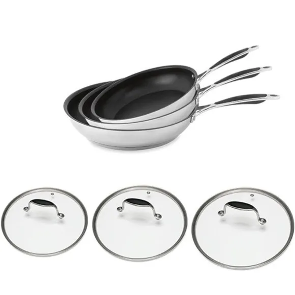 Lot 3 poêles inox antiadhérentes Excell'Inox 20, 24 et 28 cm et 3 couvercles en verre Mathon