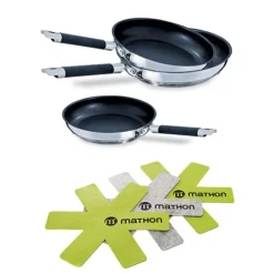 Lot 3 poêles inox anti-adhérentes Rapid Cook 20, 24 et 28 cm et 3 feutrines Mathon