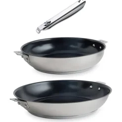 Lot 2 poêles inox revêtement antiadhérent céramique Clips’Inox 24 et 28 cm et manche amovible Mathon
