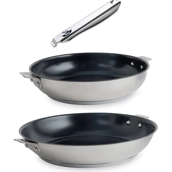 Lot 2 poêles inox revêtement antiadhérent céramique Clips’Inox 24 et 28 cm et manche amovible Mathon