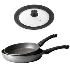 Lot 2 poêles revêtement Dur comme la pierre 24 et 28 cm et couvercle multidiamètre Mathon