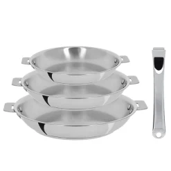 Lot 3 poêles tout inox Casteline 20, 24 et 28 cm et manche amovible Cristel