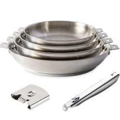 Lot 4 poêles tout inox Clips’Inox 20, 24, 28 et 32 cm avec manche et anse amovibles Mathon