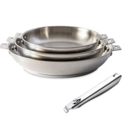 Lot 3 poêles tout inox Clips’Inox 20, 24 et 28 cm et manche amovible Mathon