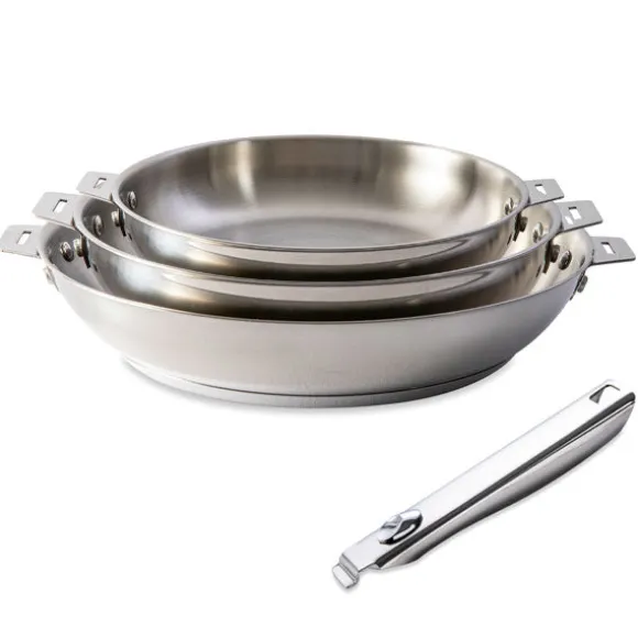 Lot 3 poêles tout inox Clips’Inox 20, 24 et 28 cm et manche amovible Mathon
