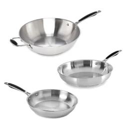 Lot 2 poêles tout inox 24 et 28 cm et wok tout inox 30 cm Excell'Inox Mathon