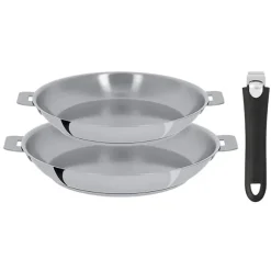 Lot 2 poêles tout inox Mutine 24 et 28 cm et manche amovible Cristel