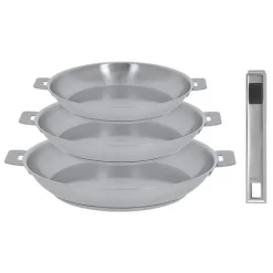 Lot 3 poêles tout inox Strate 20, 24 et 28 cm et manche amovible Cristel