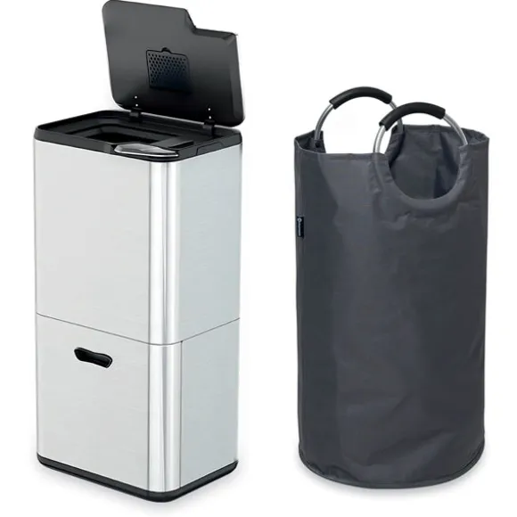 Lot poubelle de cuisine 3 bacs de tri sélectif 63 L inox et grand panier de tri 72 L Mathon