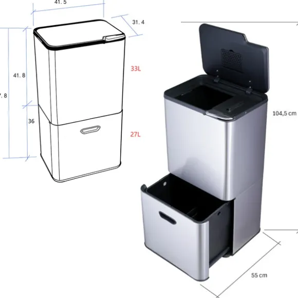 Lot poubelle de cuisine 3 bacs de tri sélectif 63 L inox et grand panier de tri 72 L Mathon
