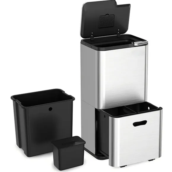 Lot poubelle de cuisine 3 bacs de tri sélectif 63 L inox et grand panier de tri 72 L Mathon