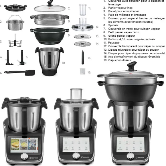 Lot robot cuiseur multifonction 4,5 L 1000 W et 2 bols inox avec couvercles Mathon