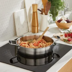 Lot sauteuse 2 anses tout inox Excell'Inox 28 cm et couvercle en verre Mathon