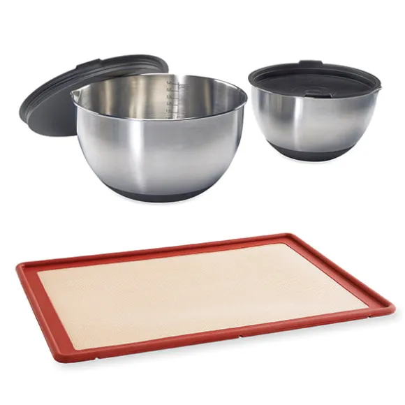 Lot tapis plaque de cuisson 39,7 x 29,5 cm et 2 bols pâtissiers inox 20 et 24 cm Mathon