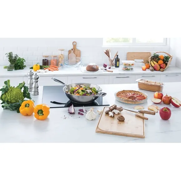 Lot wok tout inox et couvercle verre 30 cm Excell'Inox Mathon