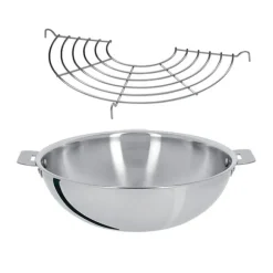 Lot wok tout inox sans manche et grille Casteline 28 cm Cristel