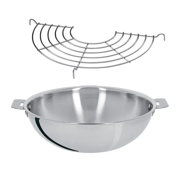 Lot wok tout inox sans manche et grille Casteline 28 cm Cristel