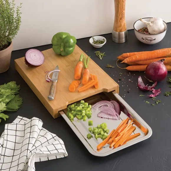 Planche à découper bambou 34 cm avec bac amovible inox Mathon