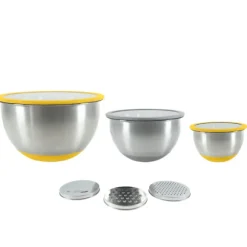 Set 3 bols en inox 1.4 L, 2.8 L et 4.7 L avec couvercles et 3 râpes interchangeables Pika