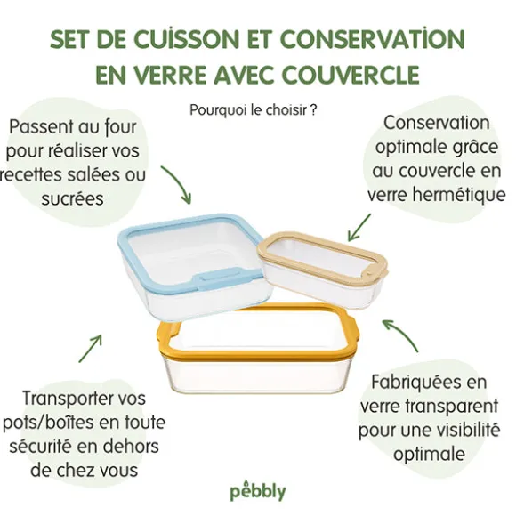 Set 3 boîtes en verre avec couvercles 560, 1370 et 3850 ml compatibles micro-ondes Pebbly