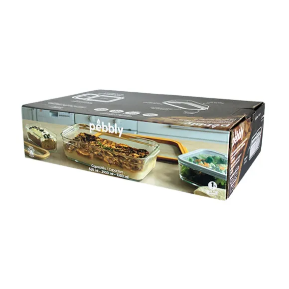 Set 3 boîtes en verre avec couvercles 560, 1370 et 3850 ml compatibles micro-ondes Pebbly