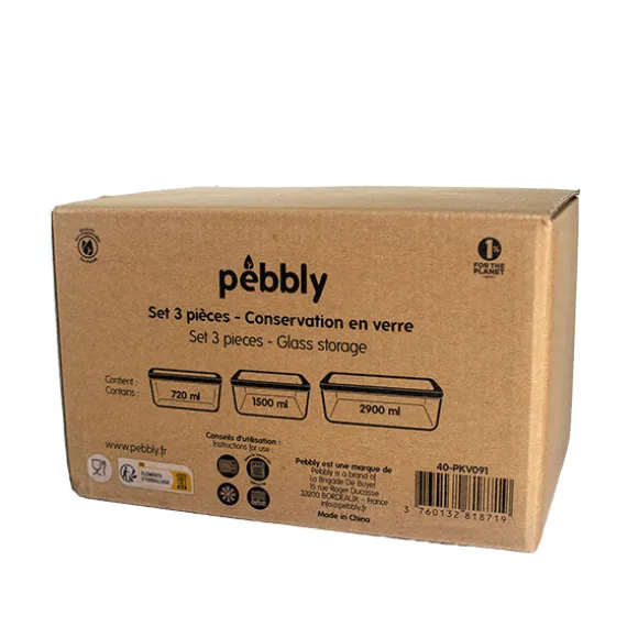 Set 3 boîtes en verre rectangulaires avec couvercles silicone 720, 1500 et 2900 ml compatibles micro-ondes Pebbly