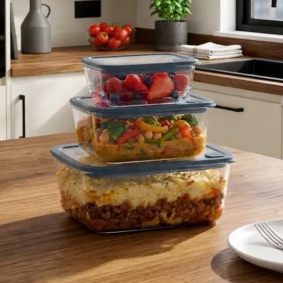 Set 3 boîtes en verre rectangulaires avec couvercles silicone 720, 1500 et 2900 ml compatibles micro-ondes Pebbly