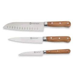Set couteau d'office + couteau de chef + santoku en bois d'olivier et lame inox Mathon