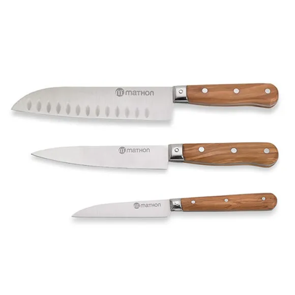 Set couteau d'office + couteau de chef + santoku en bois d'olivier et lame inox Mathon