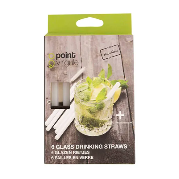 Set de 6 pailles courtes blanches en verre avec brosse de nettoyage 14 cm Point Virgule