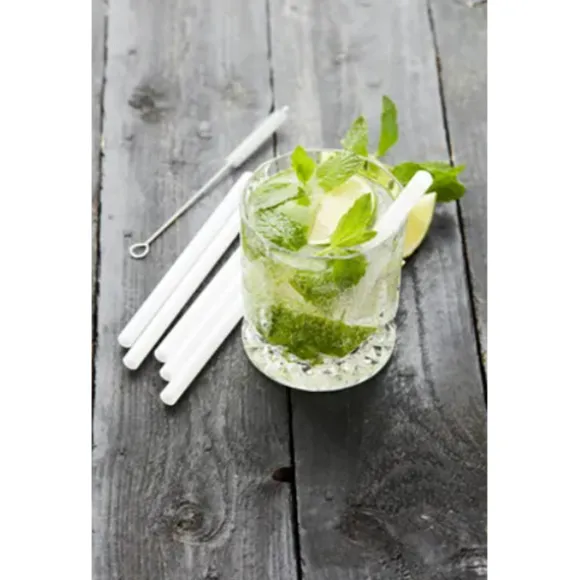 Set de 6 pailles courtes blanches en verre avec brosse de nettoyage 14 cm Point Virgule